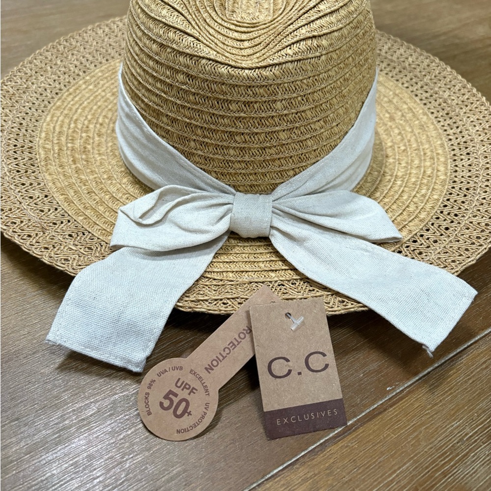C.C Woven Straw Hat with White Ribbon